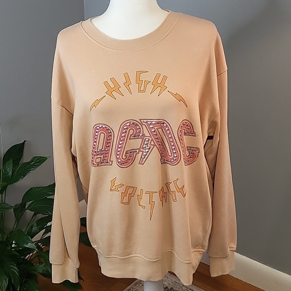 AC/DC High Voltage Metal Studded Long Sleeve Tan Sweatshirt - Size L